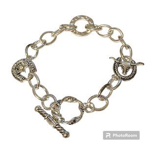 Vintage Silver Horseshoe Bull Charm Bracelet Plated Country Western Cowgirl 8"